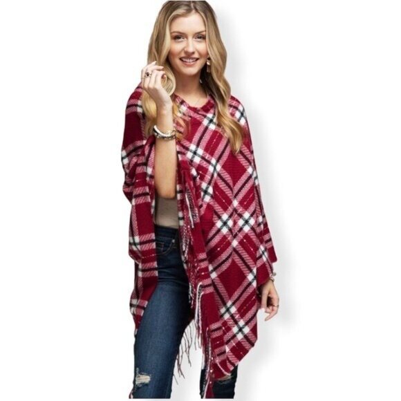 Sweater Poncho Women One Size Shawl Wrap Boutique Berry Red Plaid Fringe Classic - Picture 2 of 4